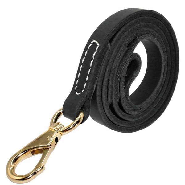 

heavy duty handmade leather dog leash lead dark brown black with gold hook for walking training all dog breeds sqcbdi