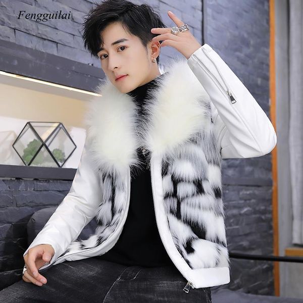 

mens pu leather faux fur patchwork jacket mixed color male coats artificial thick warm men coat wool liner, Black