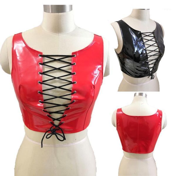 Tanques femininos Camis feminino gótico steampunk espartilho bandagem cintura coresetes vermelhos bustiers colet de pvc slim requintamento preto push up top mamário