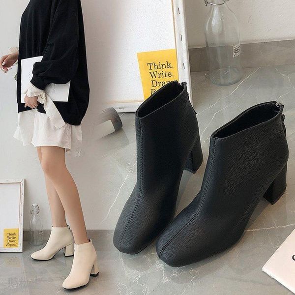 

british style martin boots women's 2020 new autumn thick heel ladies single boots wild square toe net red short, Black