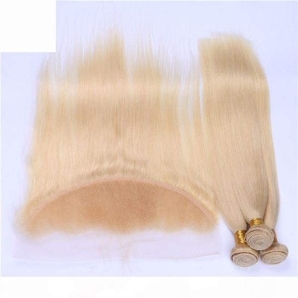 

peruvian blonde human hair weaves with frontal silky straight #613 golden blonde 13x4 full lace frontal with 3 bundles extensions 4pcs lot, Black