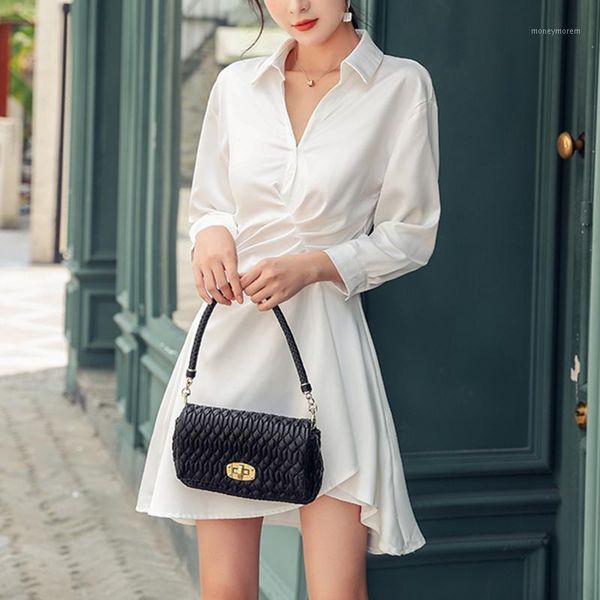 

casual dresses 2021 summer elegant women shirt high waist white dress female irregular pleated zipper office lady vestidos1, Black;gray
