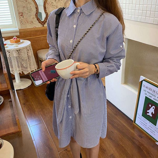 

french new south korean fall gentle 2020 style minority temperament striped shirt dress, Black;gray