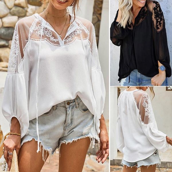 

women mesh lace hook flower lantern sleeve loose chiffon retro blouse fashion female casual shirts blouses, White