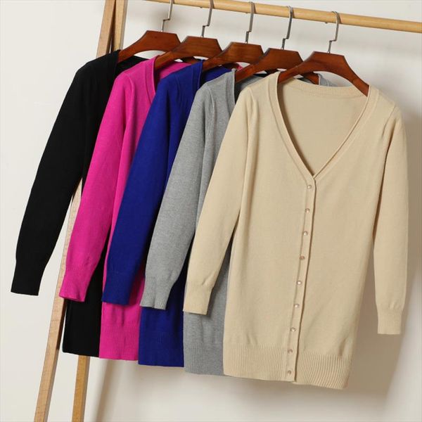 

2021 spring autumn long cardigans women v neck long sleeve knitted sweater coat solid single breasted open stitch, White;black