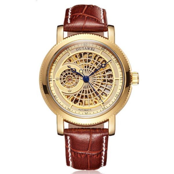 

belt ouyawei full watch automatic mechanical tourbillon hollow out men's watch, Slivery;brown