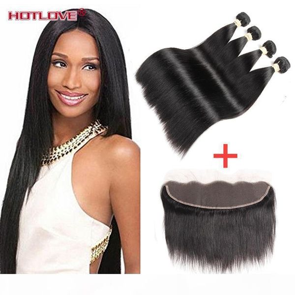 

brazilian virgin hair straight 4 bundle with lace frotnal closure with baby hair 130% density ear to ear closure unprocessed virgin hair, Black;brown