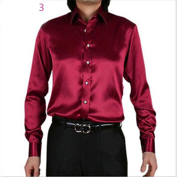 

silk long sleeve shirts men's casual shirt burgundy leisure clothing wedding prom emulation shiny satin formal party shirt, White;black