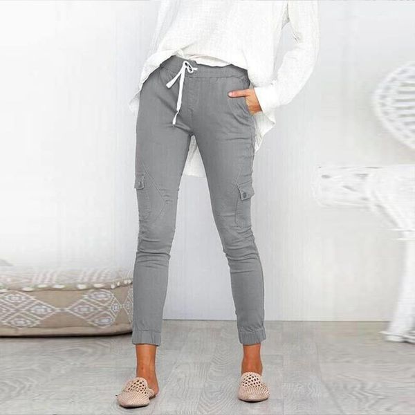 

women pants cotton linen solid lace up women clothing casual pants multi-pockets slim jogger pencil1, Black;white
