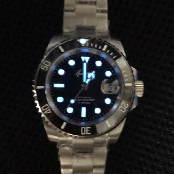 

luxury sapphire crystal glass 40mm black dial men's watch ceramic circle automatic movement blue luminous watch, Slivery;brown