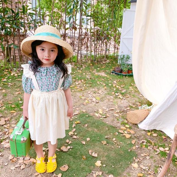 

clothing sets summer arrival korean style cotton flowers all-match shirt with suspender skirt princess suit for cute sweet baby girls1, White
