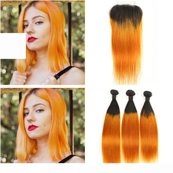 

malaysian orange ombre human hair weave bundles with closure #1b orange ombre straight human hair 3 bundles with 4x4 front lace closure, Black;brown