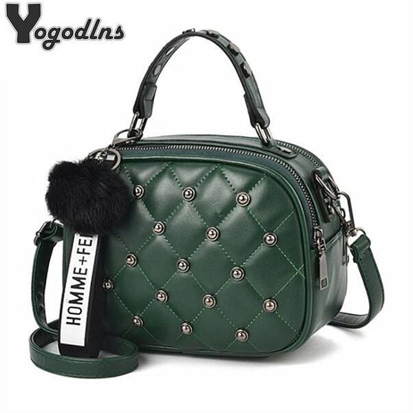 

trendy rivet plaid bag for women brand design small crossbody bags with hairy ball girls mini pu leather handbags phone purse