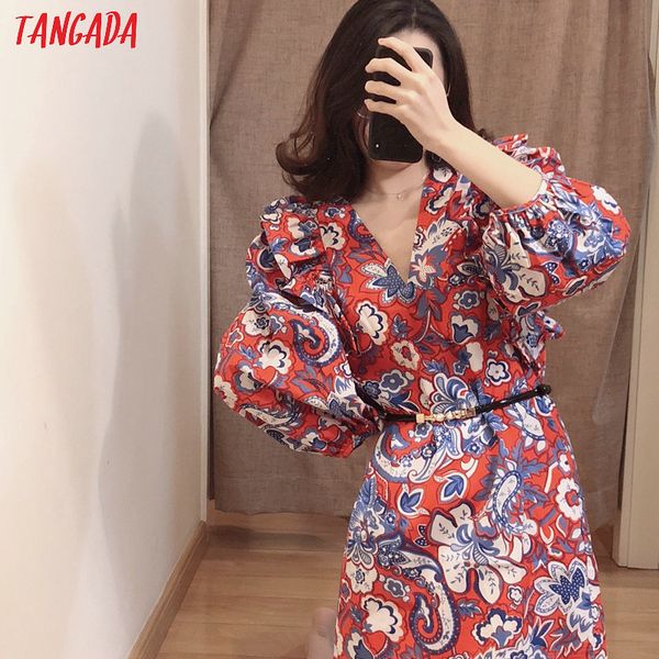 

tangada women floral print red mini puff long sleeve v neck ladies vintage short dress vestidos 2xn25 y200805, Black;pink