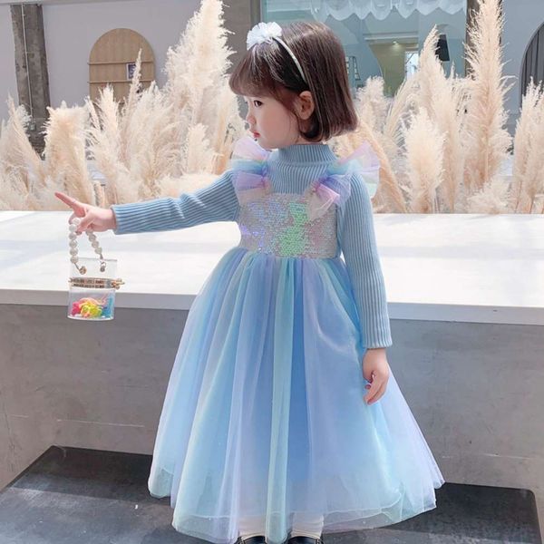 

new girls' autumn and winter 2020 sle long sve rainbow princs drs fashion korean children's skirt, Red;yellow