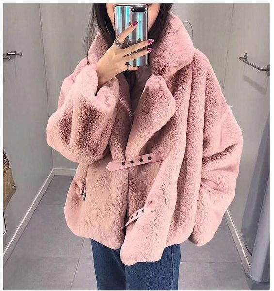 

2021 new winter faux fur loose style midi pure color turn down collar women warm coat feminino t1w1, Black