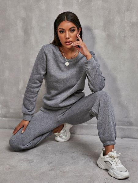 

marled knit sweatshirt & drawstring waist pants set w9gs#, White