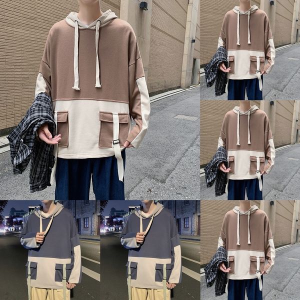 

qedtk 2020 стиль ydvb7 топ балахон пальто hoodiecontrast цвета с капюшоном толстовка для мальчиков корейский новый свободный хип-хоп топ сви, Black