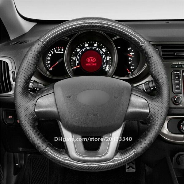 

black pu carbon fiber hand sew car steering wheel cover for kia k2 rio 2011-2016