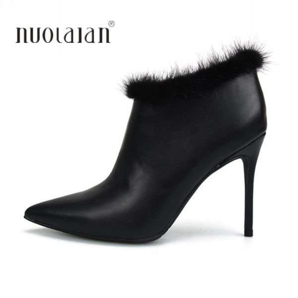 

boots 2021 autumn winte women high heel ankle for pointed toe fur warm female ladies shoes botas mujer, Black