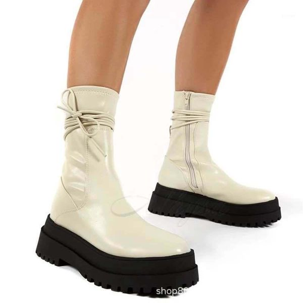 

boots 2021 women platform warm shoes winter fashion mid-calf ankle zipper leather botas mujer1, Black