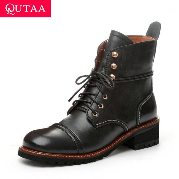 

qutaa 2021 ankle boots lace up square heel women shoes casual round toe short boots quality cow leather women pumps size 34-391, Black