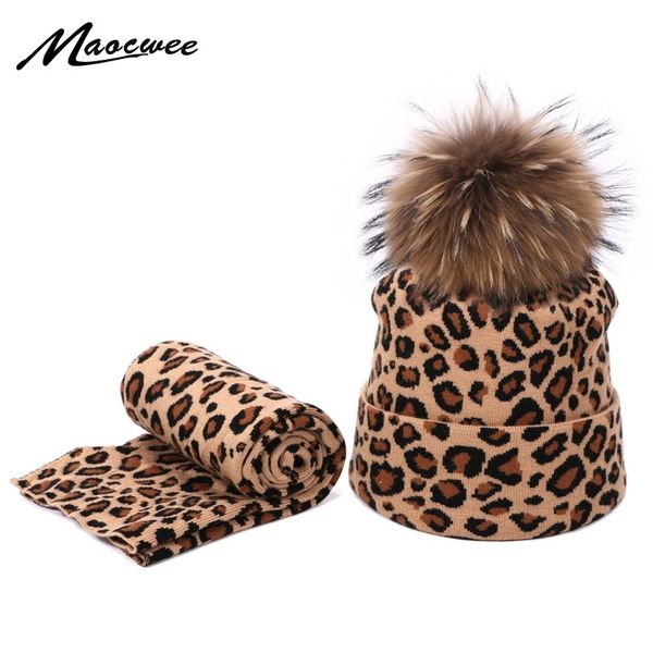 

winter women pompon beanie hat scarf set leopard outdoor warm 2 pieces fur pom pom hat scarf hedging caps for female girls y201024, Blue;gray