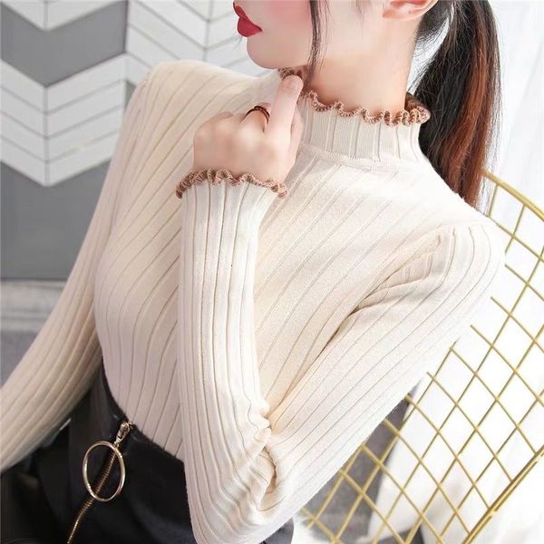 

autumn and winter women's long sleeve bottoming shirt new ruffle slim fit foreign style versatile knitwear sweater, White;black