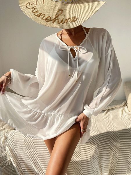 

flounce hem tie front cover up p1rg#, White;black