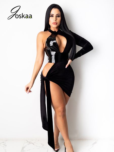

joskaa patchwork bandage clubwear women one shulder hollow out skinny mini dress backless out robes faux leather vestidos y0118, Black;gray