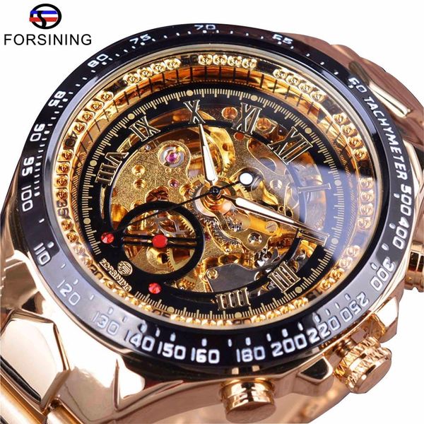 

forsining stainless steel classic series transparent golden movement steampunk men mechanical skeleton watches brand luxury, Slivery;brown