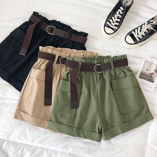 

2019 summer women high waist belted shorts with pockets streetwear loose causal cotton shorts harajuku, White;black