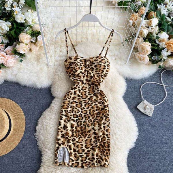 

summer ins nightclub suspender 2020 children's new short leopard print dress, Black;gray