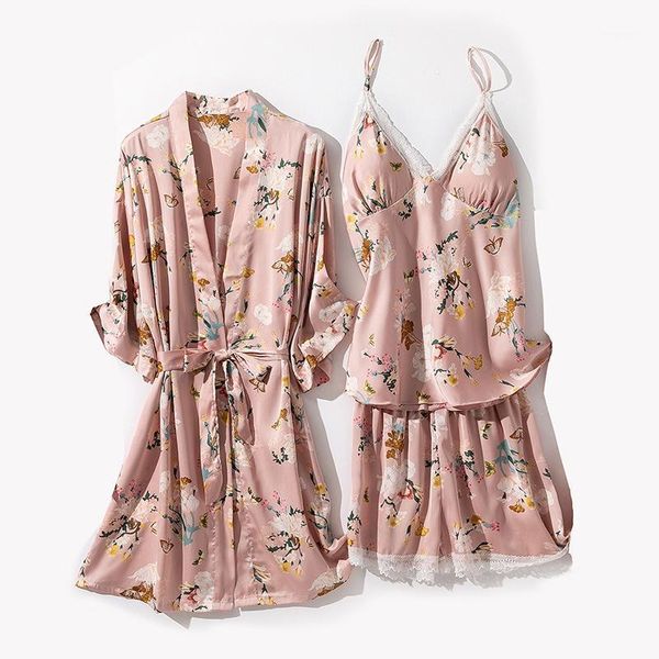 

satin nightwear suit summer women 3pcs sleepwear casual robe kimono bath gown soft silky intimate lingerie print flower homewear1, Black;red