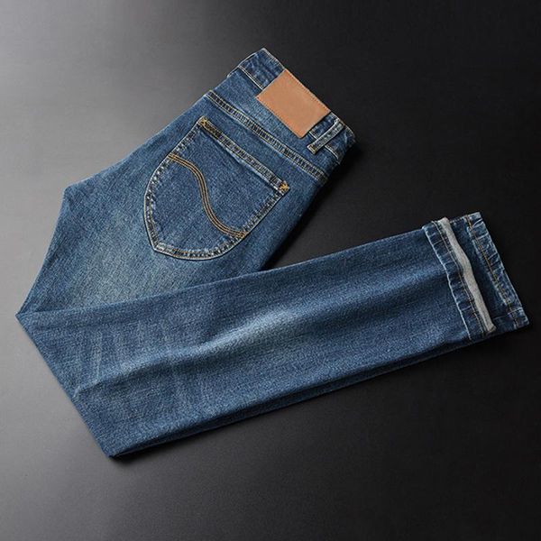 

fashion us le brand men jeans slim elastic business pants classic style trousers cotton autumn winter male jeans denim pants, Blue