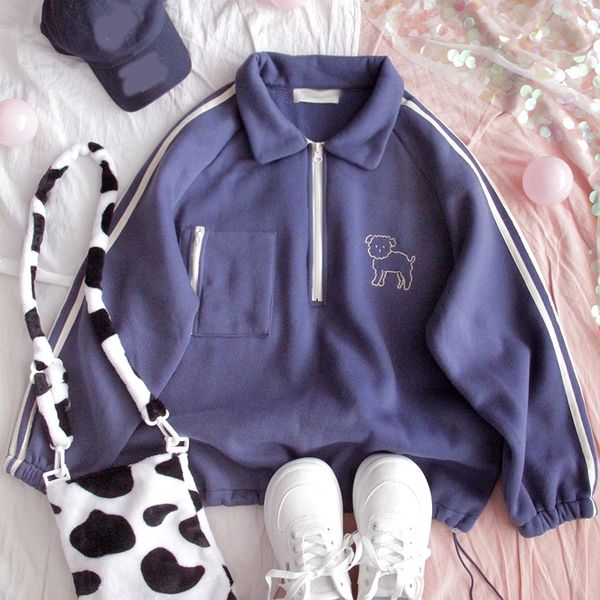 

autumn plus velvet hoodie teenage girl turn down collar loose student harajuku retro college style cute soft sister sweatshirt t200407, Black