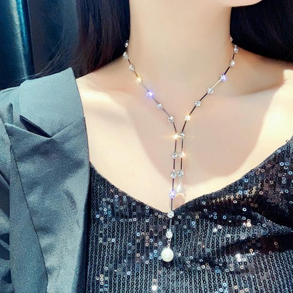 

fashion crystal choker necklaces for women new bijoux long chains pearl pendant necklaces statement jewelry gifts for women, Silver