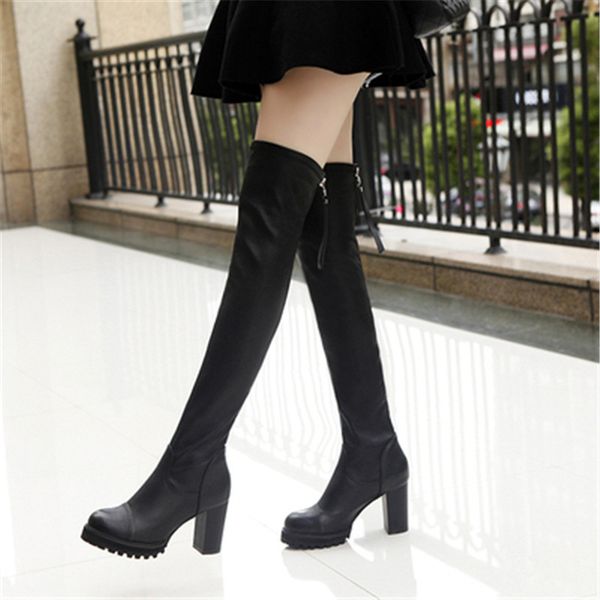 

new women's 2021 fashionable winter warm on the knee female boots autumn thigh high leather femme bottoms igw4, Black