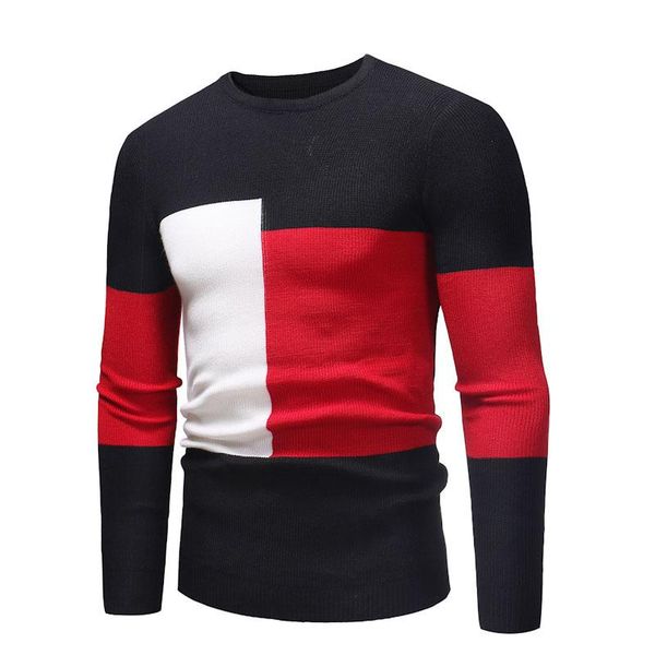 

european trend of men's autumn and winter new sweater three-color stitching knit sweater slim thin fashion trend, White;black