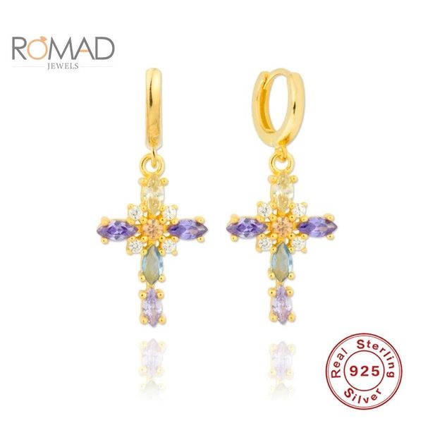 

romad women fashion luxury purple colored dangle drop earrings 925 sterling silver diamond cross pendant earrings korean jewelry
