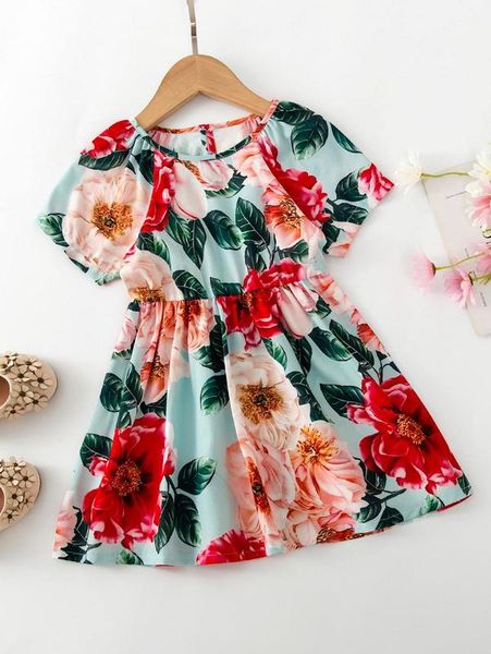 

toddler girls floral print keyhole back dress she, Red;yellow