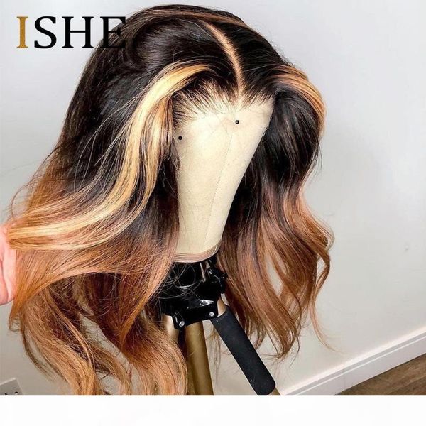 

colored human hair wigs honey blonde t part highlight human hair wig body wave remy ombre brown natural hairline for black women, Black;brown