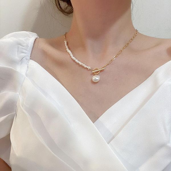 

chokers origin summer exquisite freshwater pearl necklace for women toggle clasp circle hollow linked chain asymmetric pendant necklaces, Golden;silver