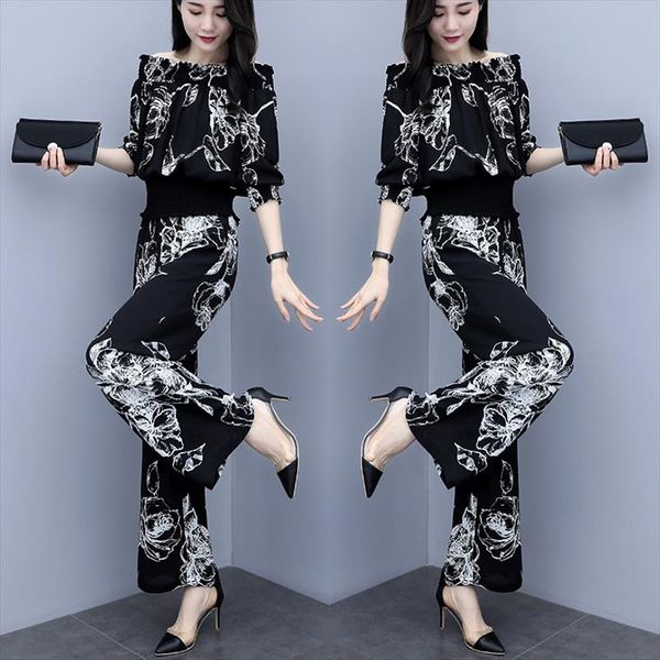 

three quarter sleeve elastic slash neck women and wide leg full pants floral print elegant vintage summer women sets, Gray