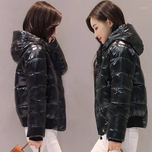 

spring autumn winter 2020 women hooded down parkas glossy soft winter jacket female warm short coat student waterproof outerwear1, Black