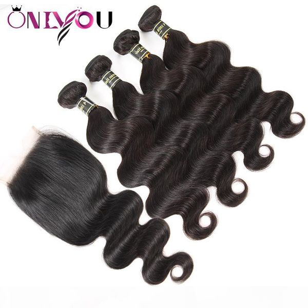 

9a peruvian virgin human hair body wave 4 weaves bundles with 4x4 lace closure silk brazilian body wave remy human hair weaves wholesale, Black