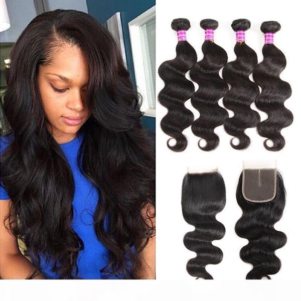 

malaysian virgin hair body wave bundles with 4x4 lace closure accessories brazilian human hair extensions weave bundles ing, Black