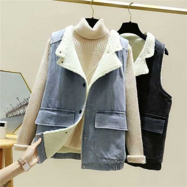 

2021 autumn winter loose thick denim sleeveless lamb wool jacket female korean warm vest jacket fashion big pocket clothes y1551, Black;white