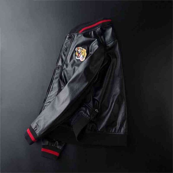

leather men's & faux mens jacket embroidery tiger head imitation leather jacket hip-hop casual men's fashion luxury gym clothes as, Black