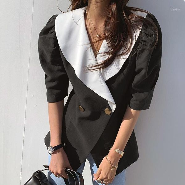

women's suits & blazers [ewq] 2021 summer sweet double breasted short women jacket korea simple sleeve khaki ladies slim office coat1, White;black